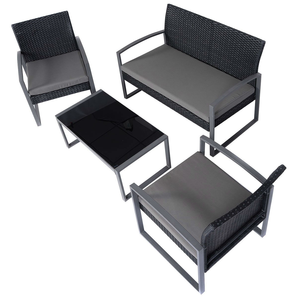 FaFurn - 4-Piece Patio Set with Matching Table in Black/Gray, Rattan