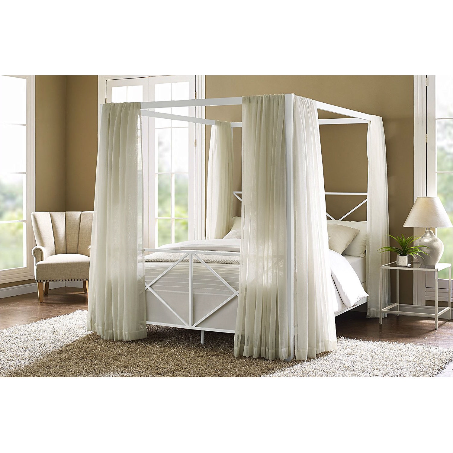 FaFurn Modern Industrial Queen Size Canopy Bed Frame - White, Metal