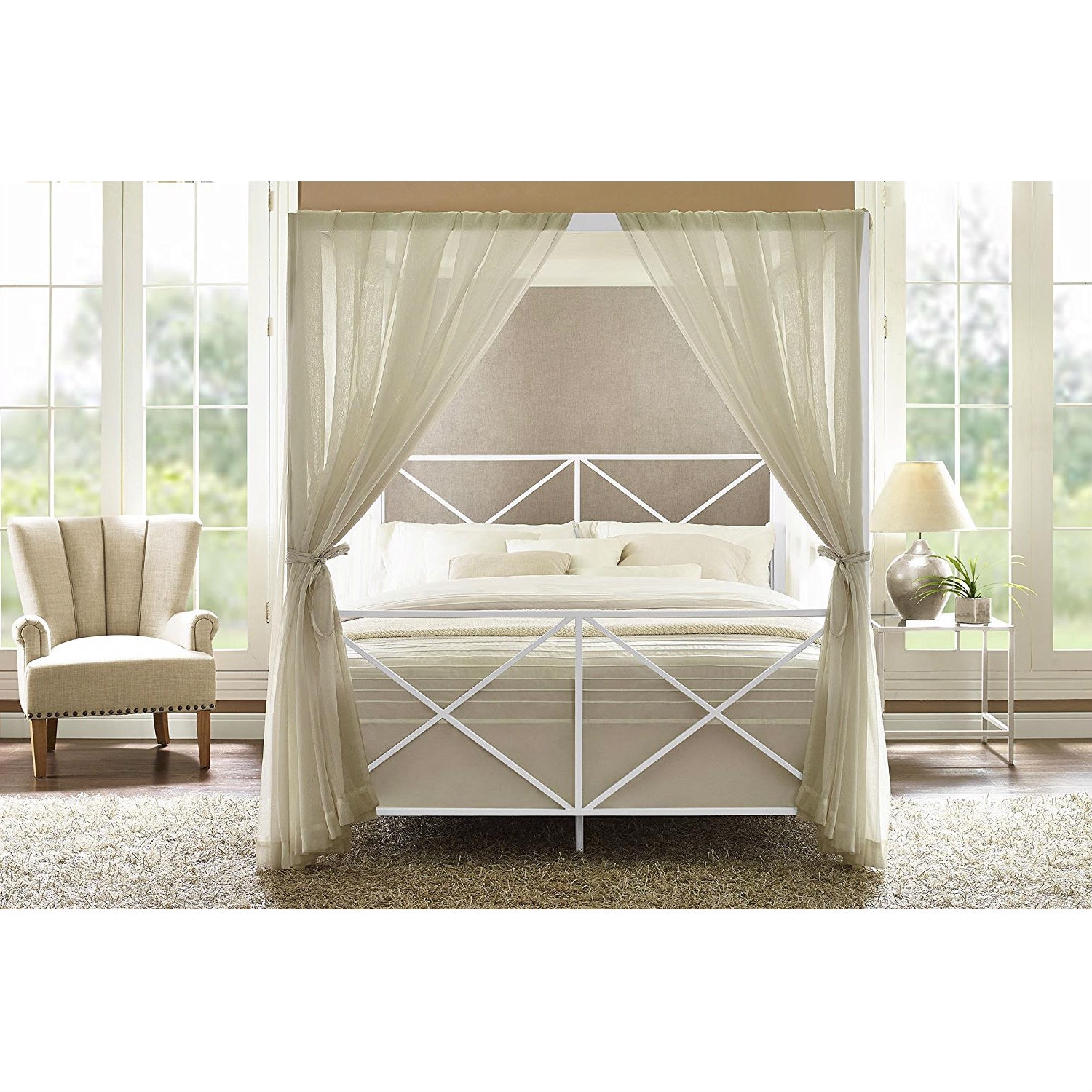 FaFurn Modern Industrial Queen Size Canopy Bed Frame - White, Metal