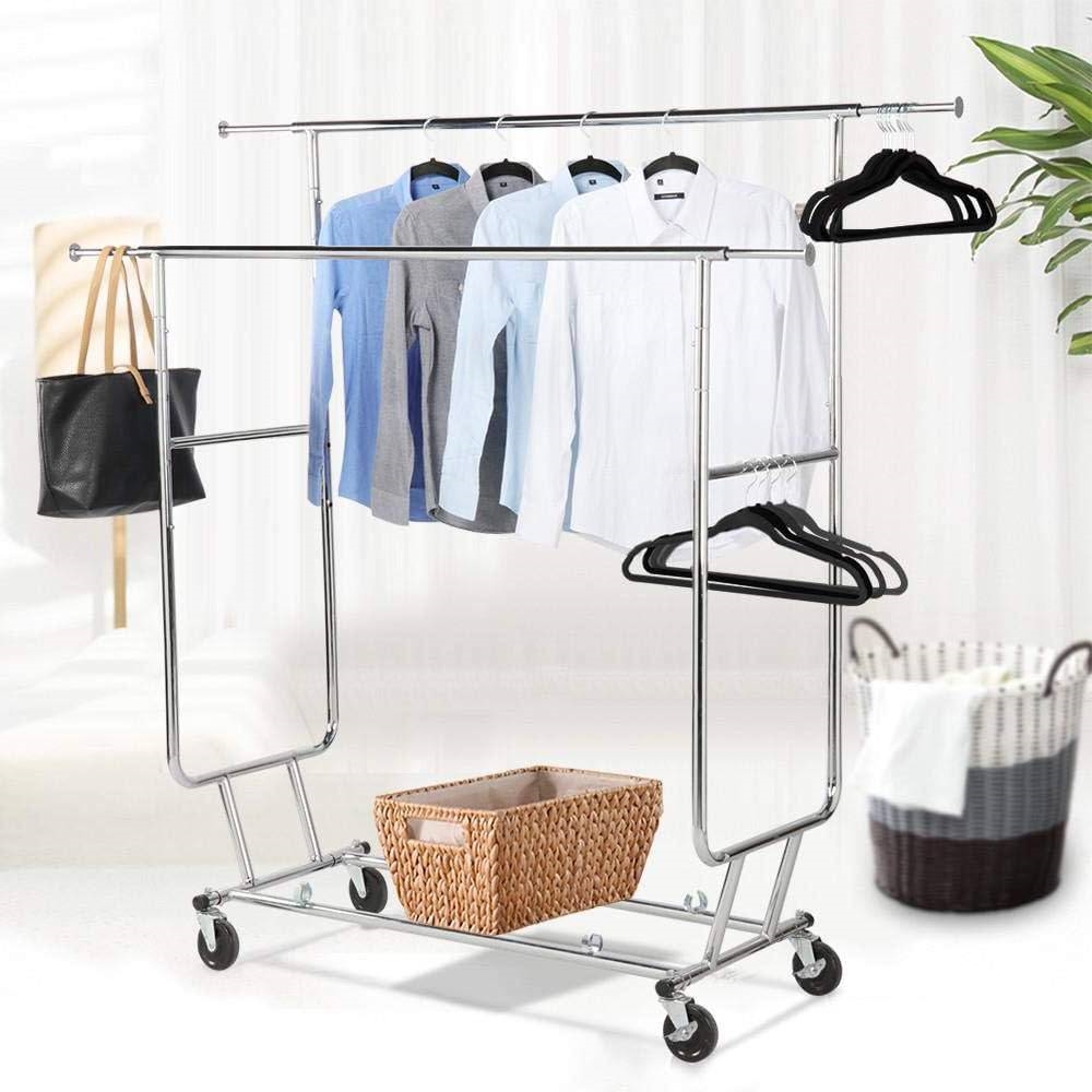 FaFurn™ Garment Rack Clothes on Lockable Wheels - Silver, Metal