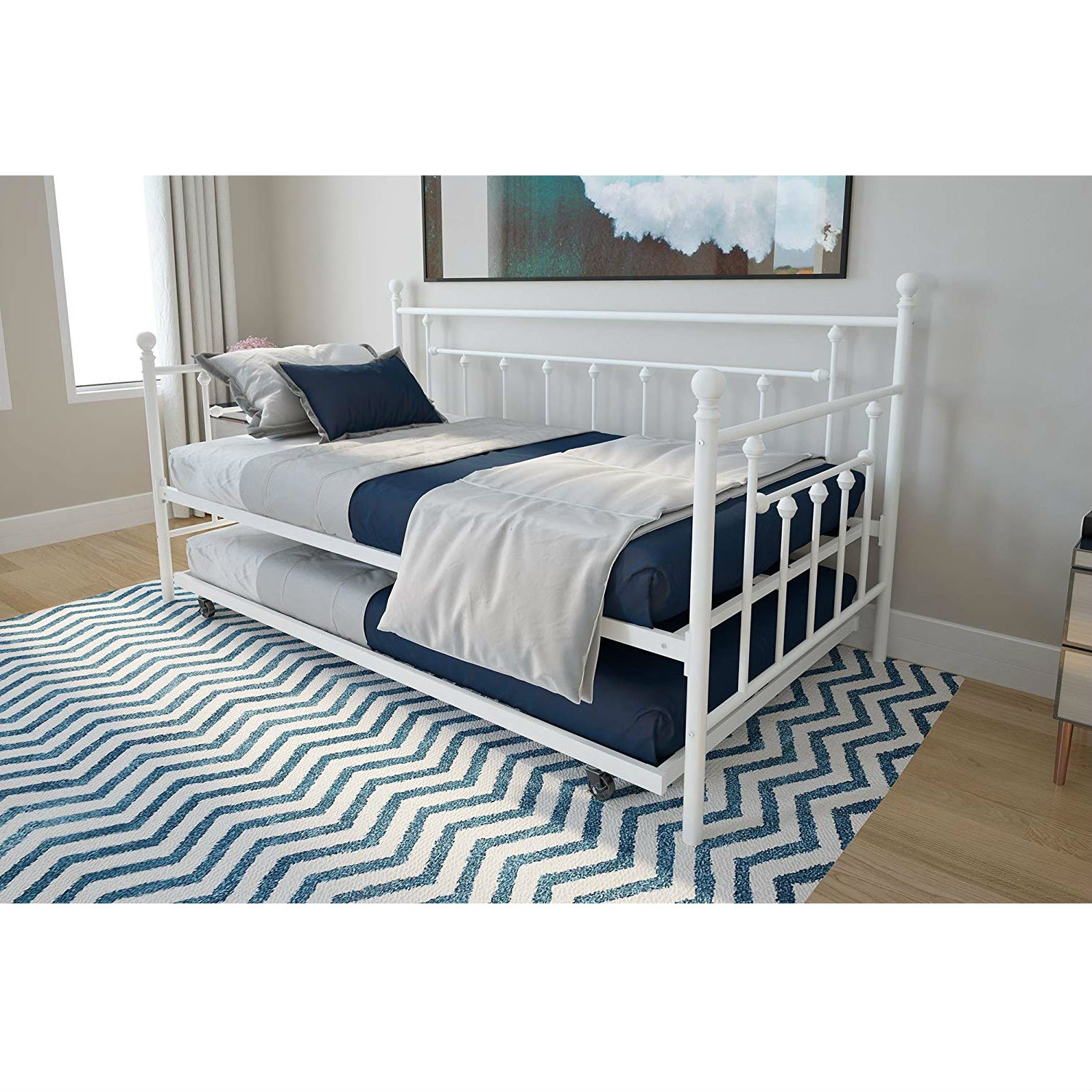 FaFurn - Twin Size Daybed Frame with Roll-Out Turndle Bed in White