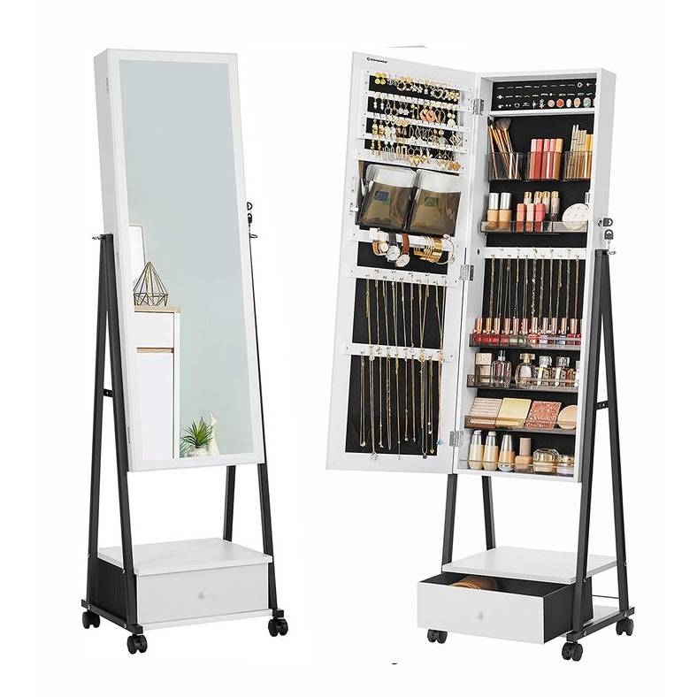 FaFurn - Modern Jewelry Armoire Cabinet Organizer Mirror on Wheels