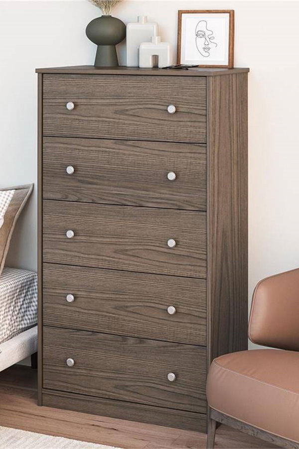 FaFurn Modern 5-Drawer Bedroom Chest Dresser in Wood Finish - Gray-Brown