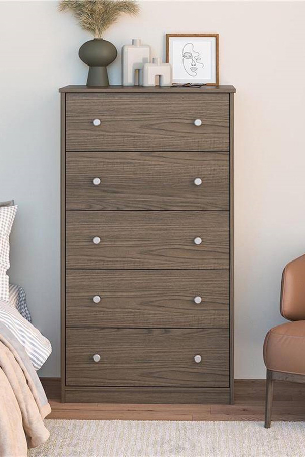 FaFurn Modern 5-Drawer Bedroom Chest Dresser in Wood Finish - Gray-Brown