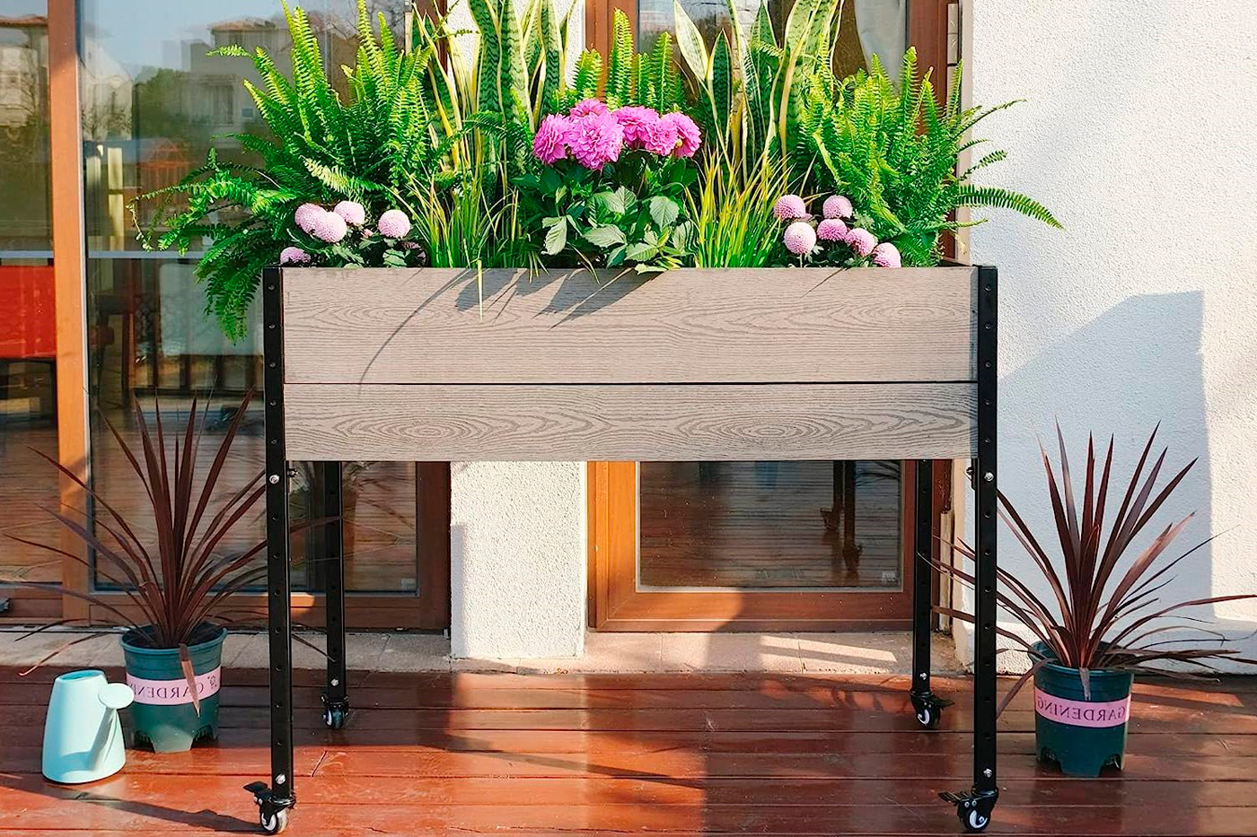 FaFurn - Outdoor Raised Garden Bed Planter Box with Wheels in Gray/Black, Wood/Metal