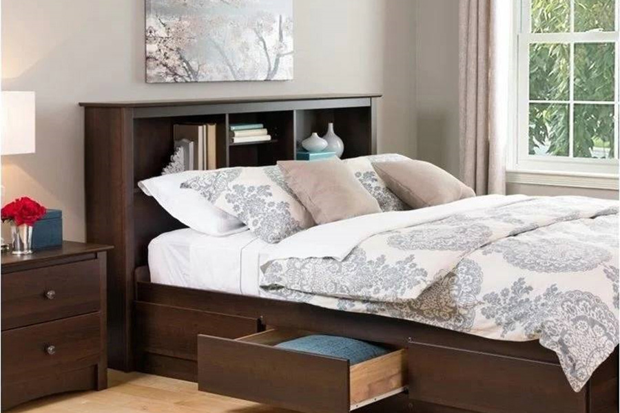 FaFurn - Full/Queen Size Bookcase Storage Headboard in Espresso Wood Finish