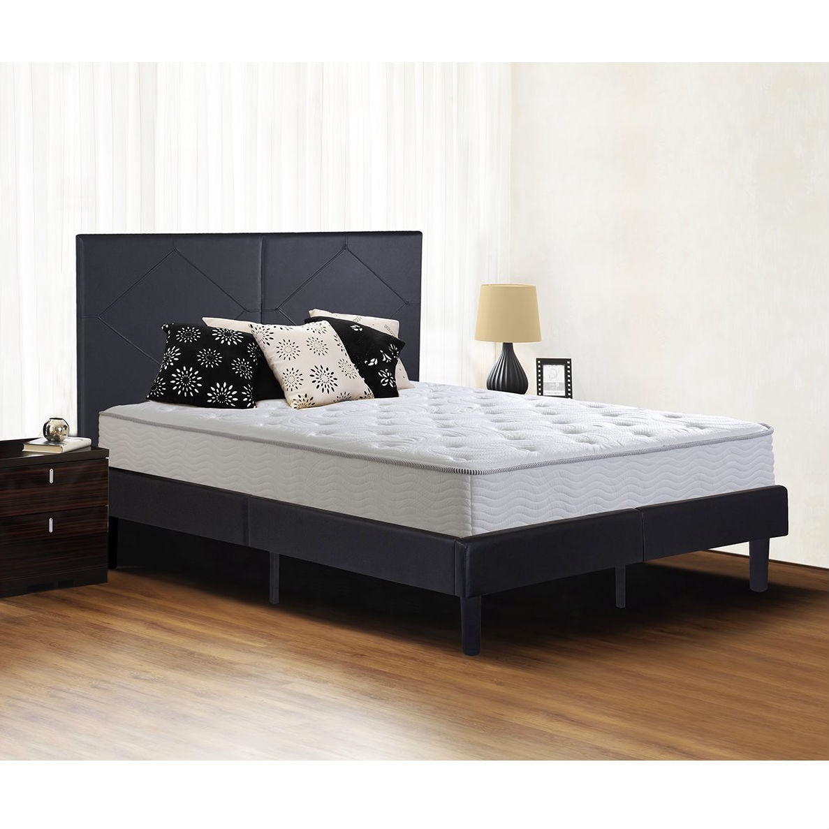 FaFurn Full Size Platform Bed Frame with Upholstered Headboard - Black, Leather