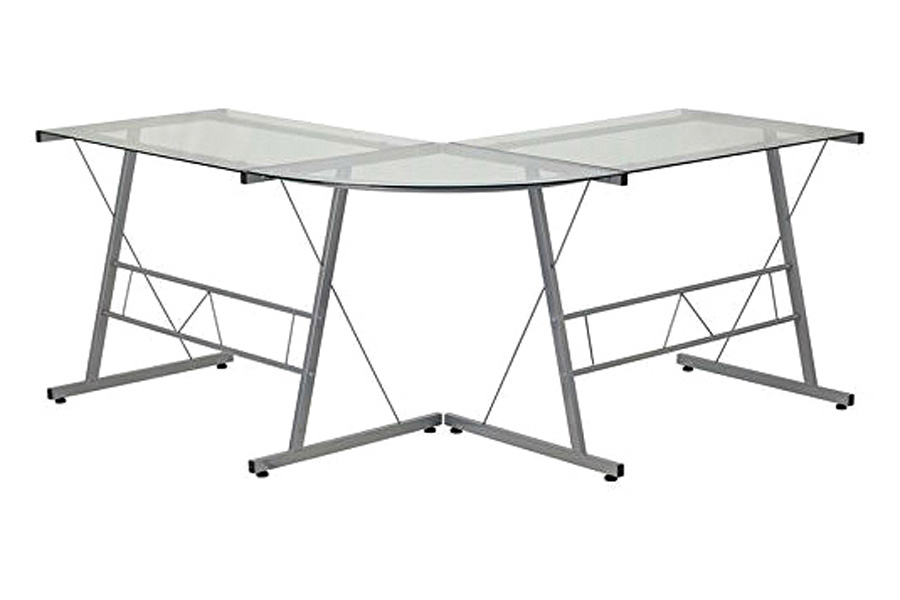 FaFurn - Modern Silver Metal L-Shaped Desk with Glass Top and Floor Glides