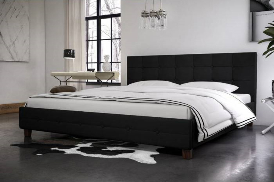 FaFurn - Full Size Black Padded Linen Upholstered Platform Bed with Headboard