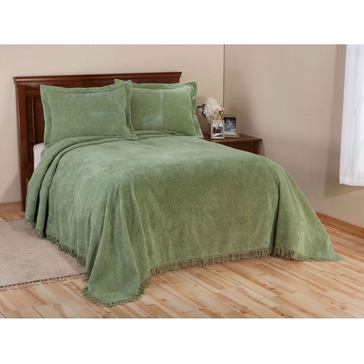 FaFurn Full Size Bedspread with Fringe Edge - Sage Green, Cotton