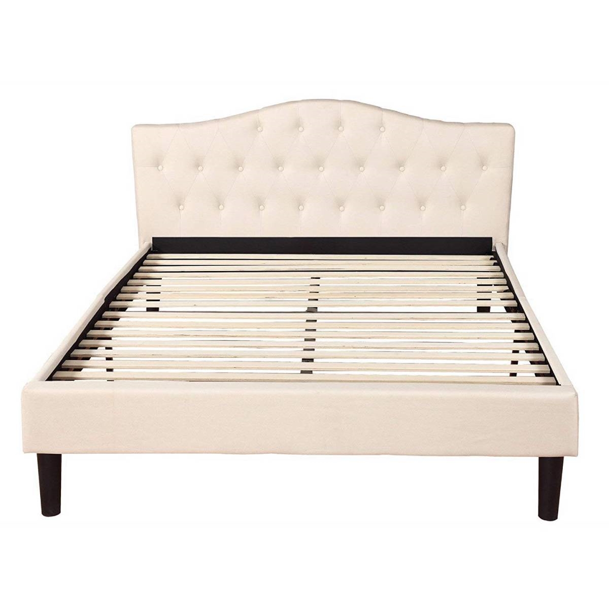 FaFurn - Full Size Platform Bed Frame with Ivory Linen Padded Headboard