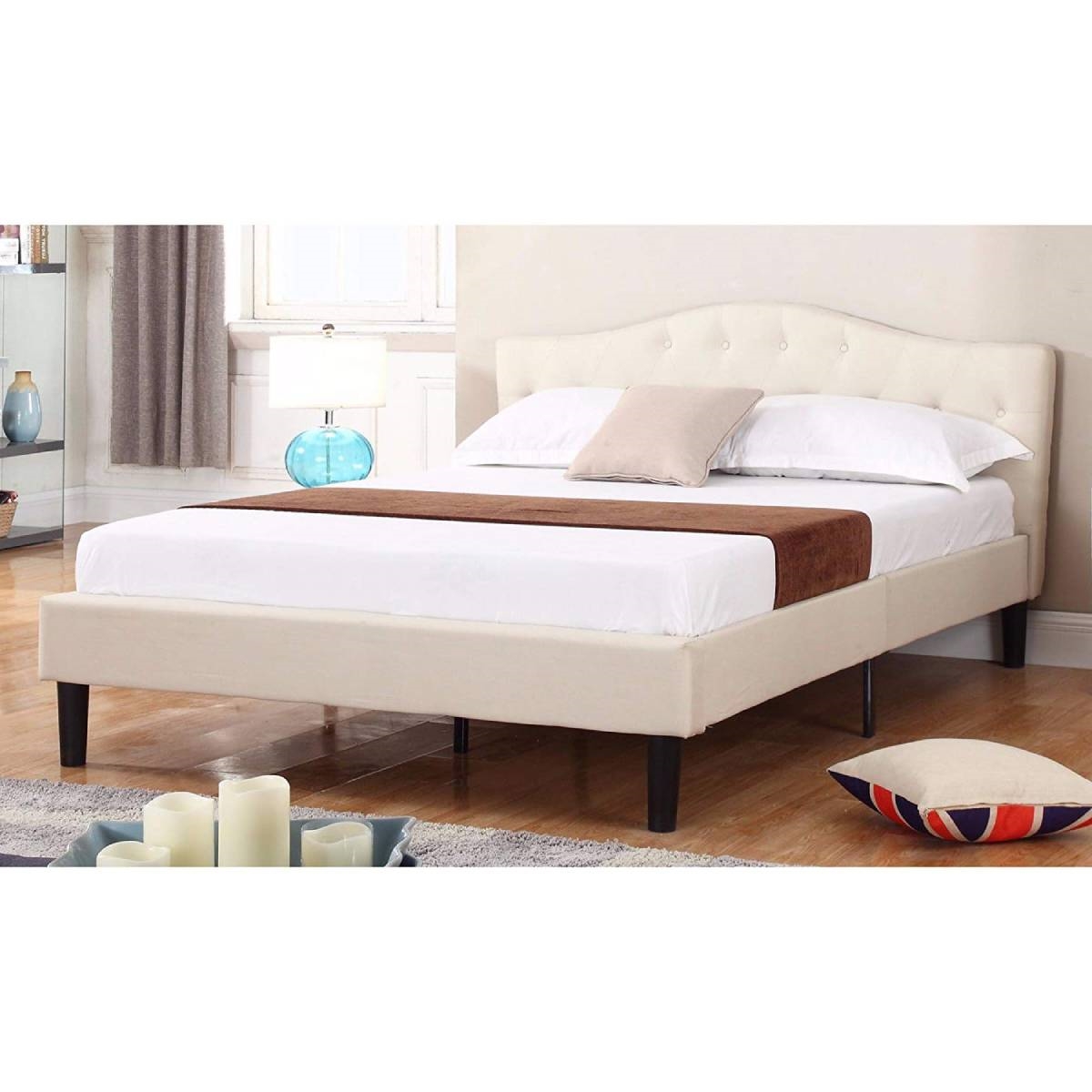 FaFurn - Full Size Platform Bed Frame with Ivory Linen Padded Headboard