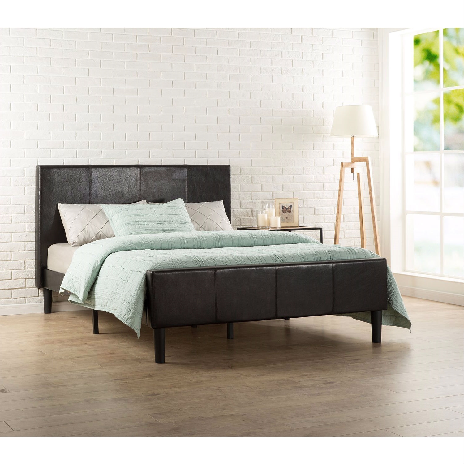 FaFurn - Full Size Platform Bed Frame with Upholstered Headboard and Footboard in Espresso, Leather