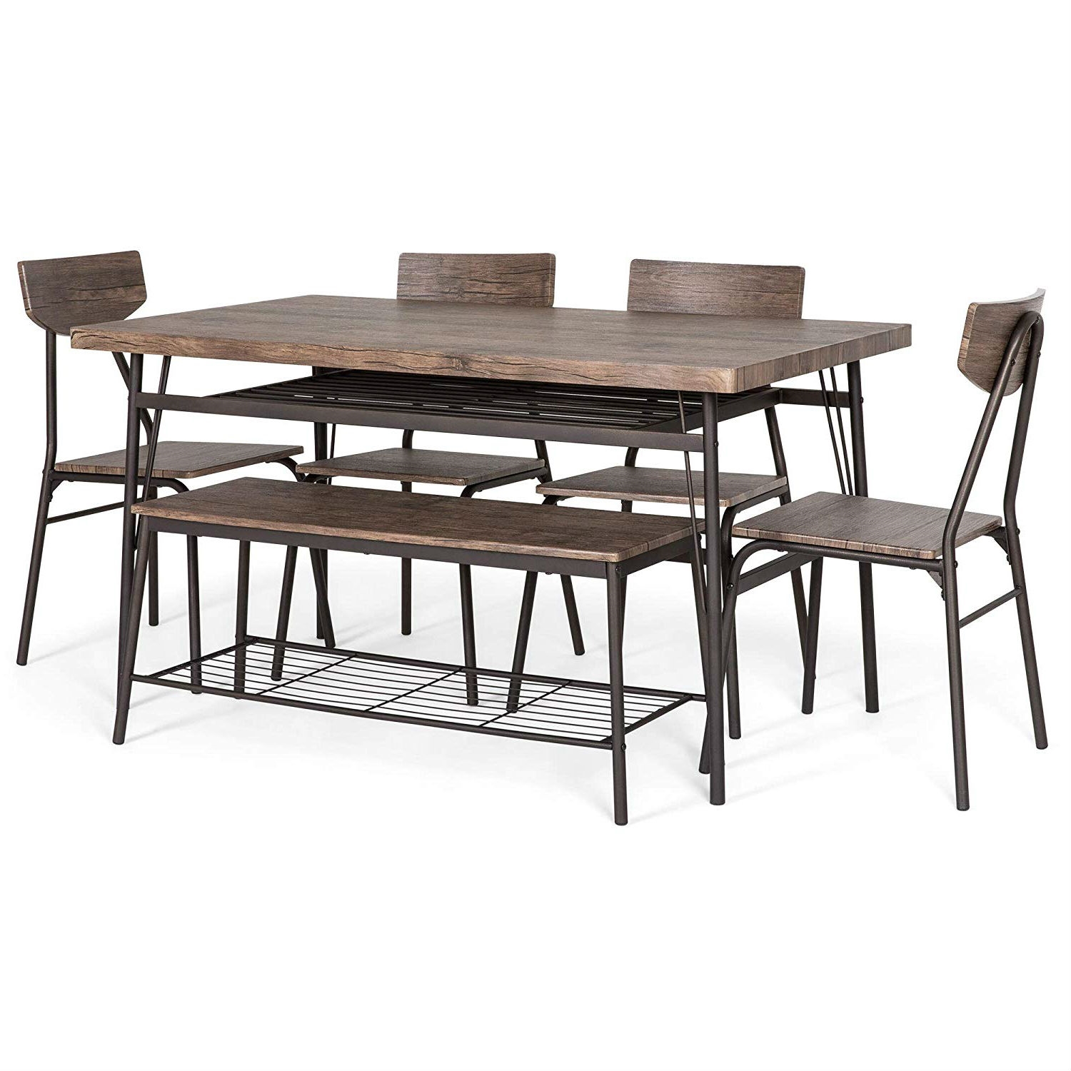 FaFurn - 6-Piece Dining Set with 4 Chairs Bench and Storage Racks in Brown