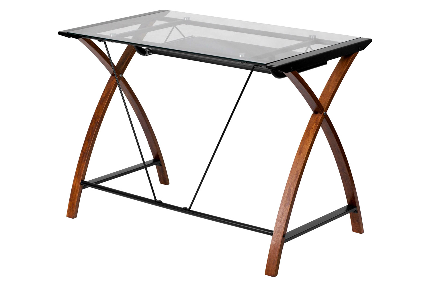 FaFurn - Modern Cherry Finish Glass Top Writing Table Computer Desk with Keyboard Tray