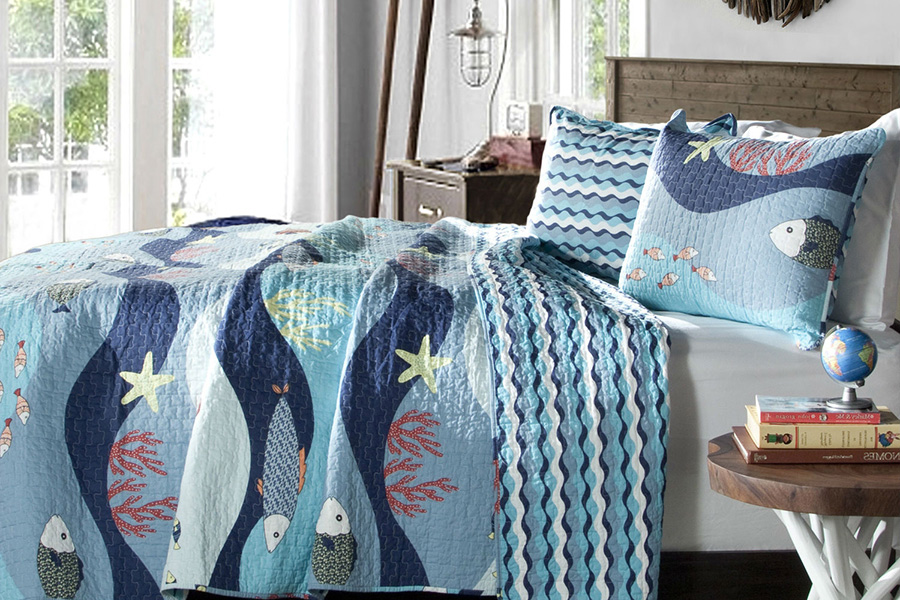 FaFurn - Blue Serenity Sea Fish Coral Coverlet Quilt Bedspread Set