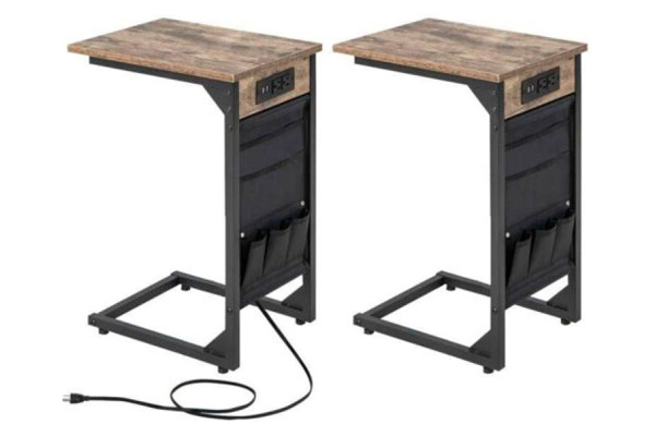 FaFurn™ Set of 2 TV Tray End Tables with Storage Bag and Charging Station - Brown, Metal/Wood