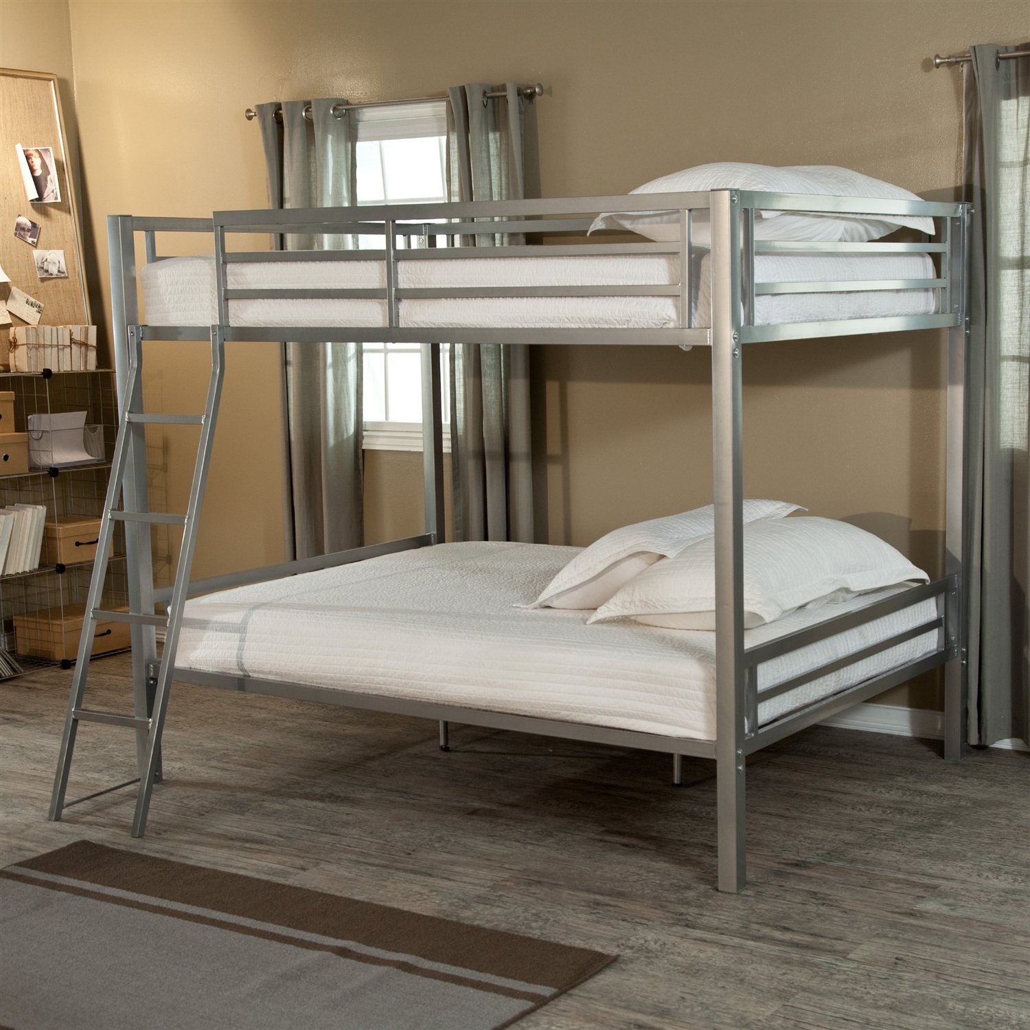 FaFurn Full Size Bunk Bed with Ladder - Silver, Metal