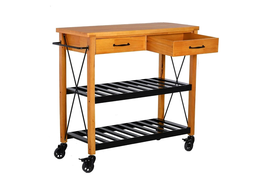 FaFurn - Farmhouse Rolling Kitchen Island 2 Drawers Storage with Butcher Block Rubberwood Top