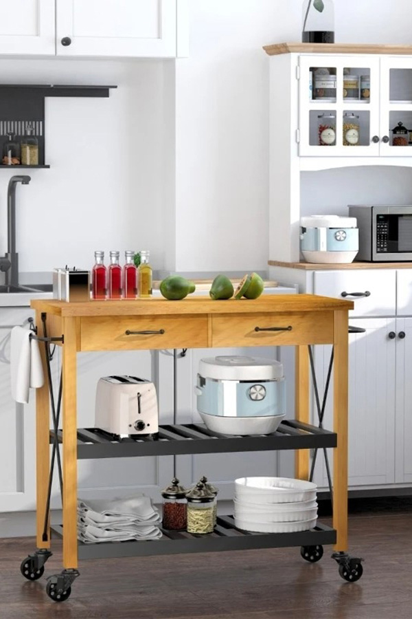 FaFurn - Farmhouse Rolling Kitchen Island 2 Drawers Storage with Butcher Block Rubberwood Top