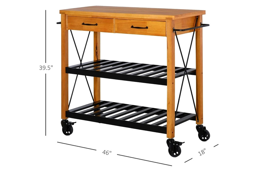 FaFurn - Farmhouse Rolling Kitchen Island 2 Drawers Storage with Butcher Block Rubberwood Top