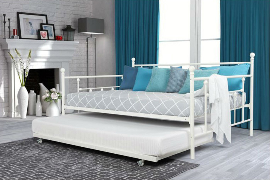 FaFurn Full Size Metal Daybed with Twin Roll-Out Trundle Bed - White