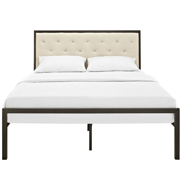 FaFurn Full Size Platform Bed Frame with Button Tufted Headboard - Beige, Metal