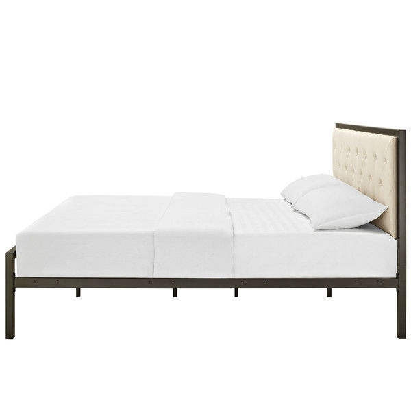 FaFurn Full Size Platform Bed Frame with Button Tufted Headboard - Beige, Metal