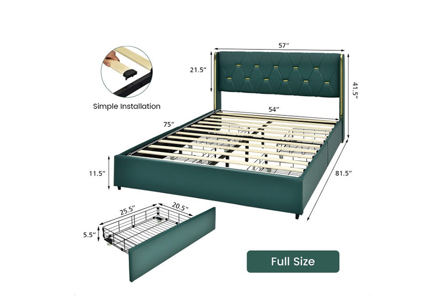 FaFurn Linen Headboard 4 Drawer Storage Platform Bed - Green/Gold, Full Size