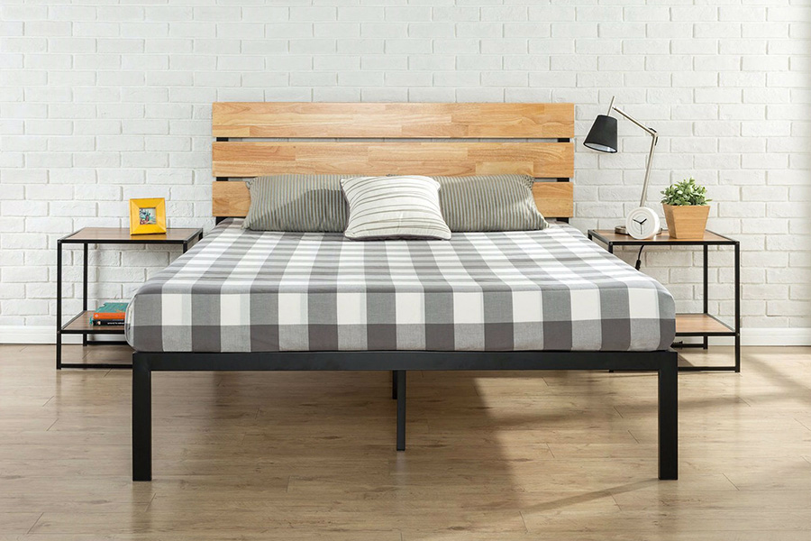 FaFurn - Modern Metal Platform Bed Frame with Wood Headboard and Slats