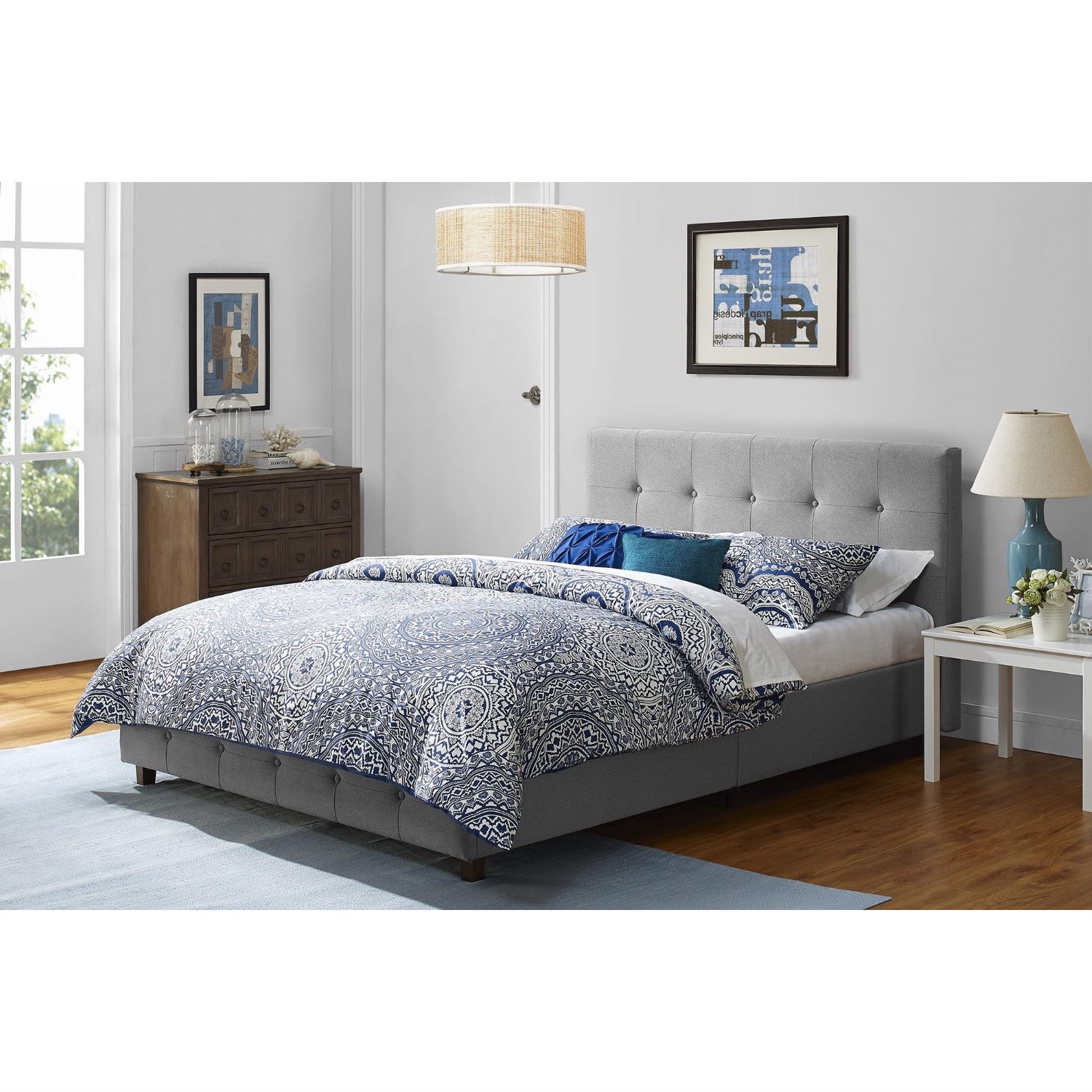 FaFurn - Full Size Platform Bed Frame with Button-Tufted Headboard