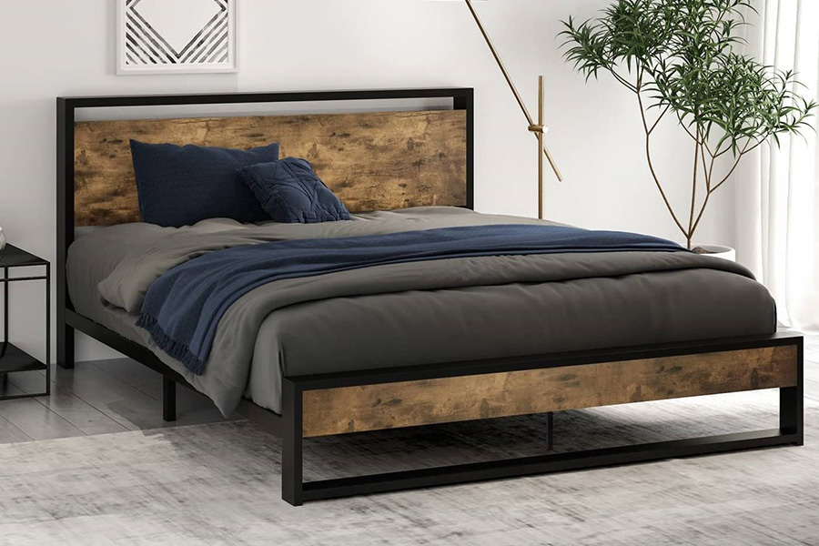 FaFurn Metal Wood Platform Bed Frame with Industrial Headboard - Full Size