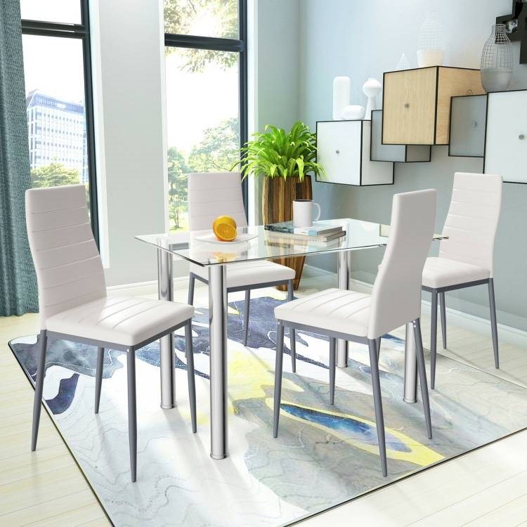 FaFurn - 5-Piece Modern Dining Set with Table and 4 PVC Leather Chairs in White, Steel