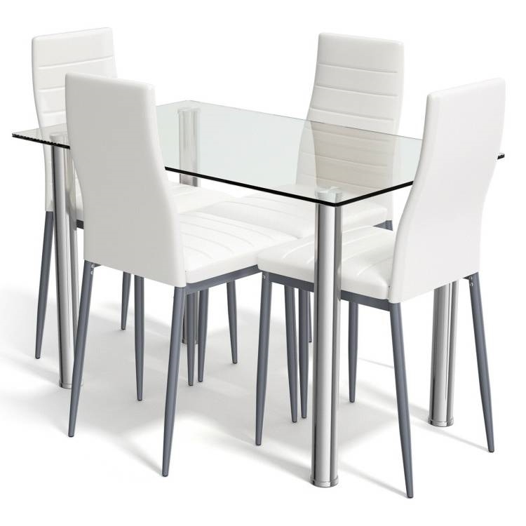 FaFurn - 5-Piece Modern Dining Set with Table and 4 PVC Leather Chairs in White, Steel