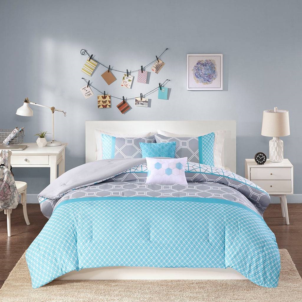 FaFurn 5-Piece Full/Queen Size Comforter Set - Teal Blue/Gray