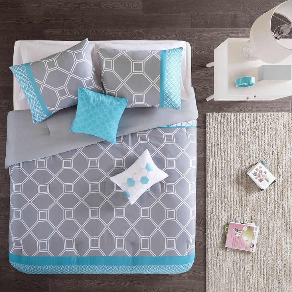 FaFurn 5-Piece Full/Queen Size Comforter Set - Teal Blue/Gray