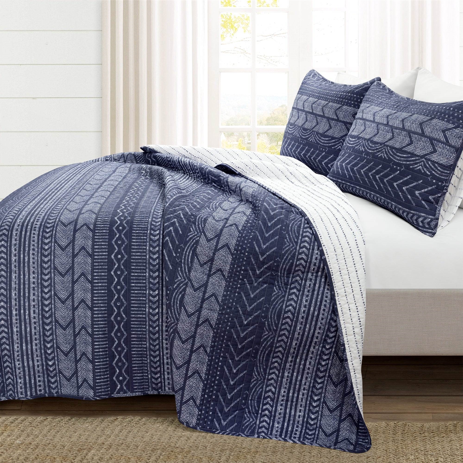 FaFurn Full/Queen Size Scandinavian Reversible Quilt Set - Navy Blue/White, Cotton