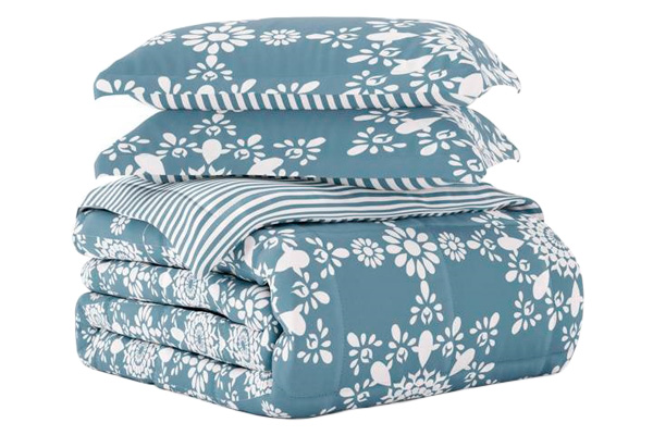 FaFurn Full/Queen Size 3-Piece Striped Floral Reversible Comforter Set - Blue/White, Microfiber/Polyester