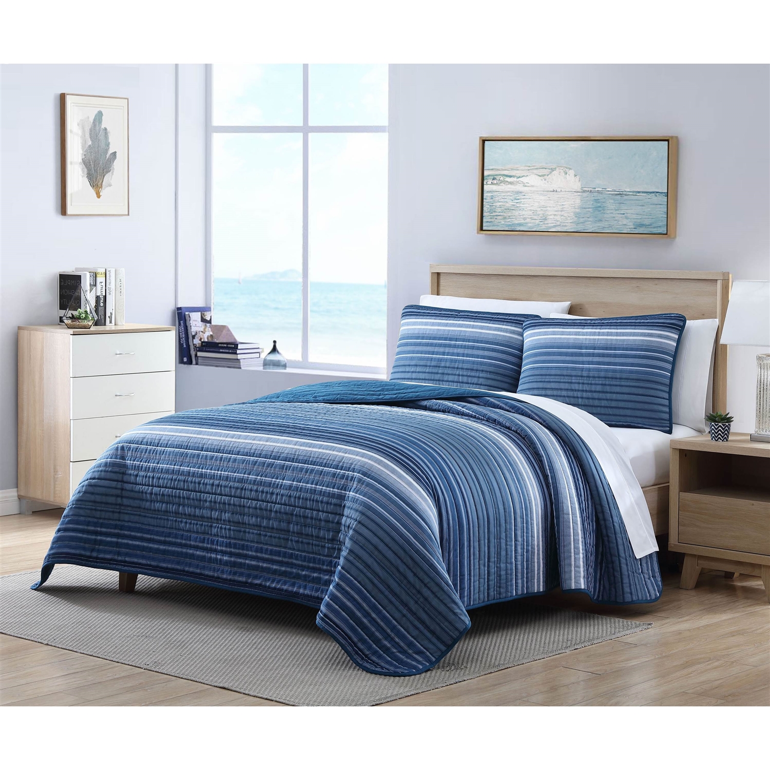 FaFurn Full/Queen Size Reversible Quilt Set - Blue, Cotton