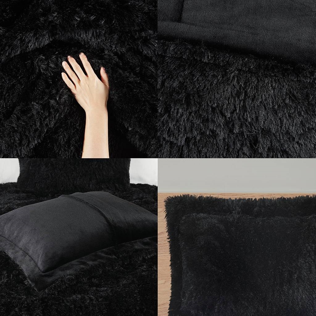 FaFurn 3-Piece Full/Queen Size Comforter Set with Pillow Shams - Black, Soft Sherpa Faux Fur