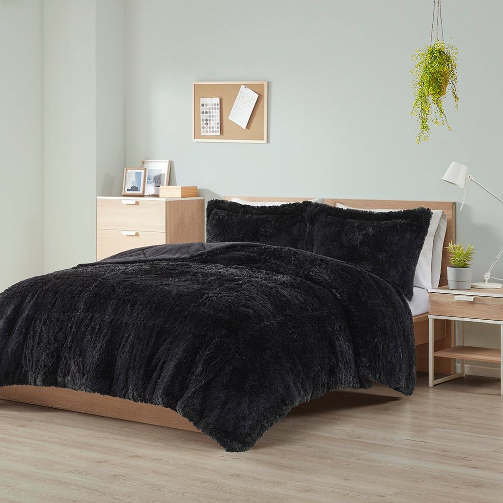 FaFurn 3-Piece Full/Queen Size Comforter Set with Pillow Shams - Black, Soft Sherpa Faux Fur