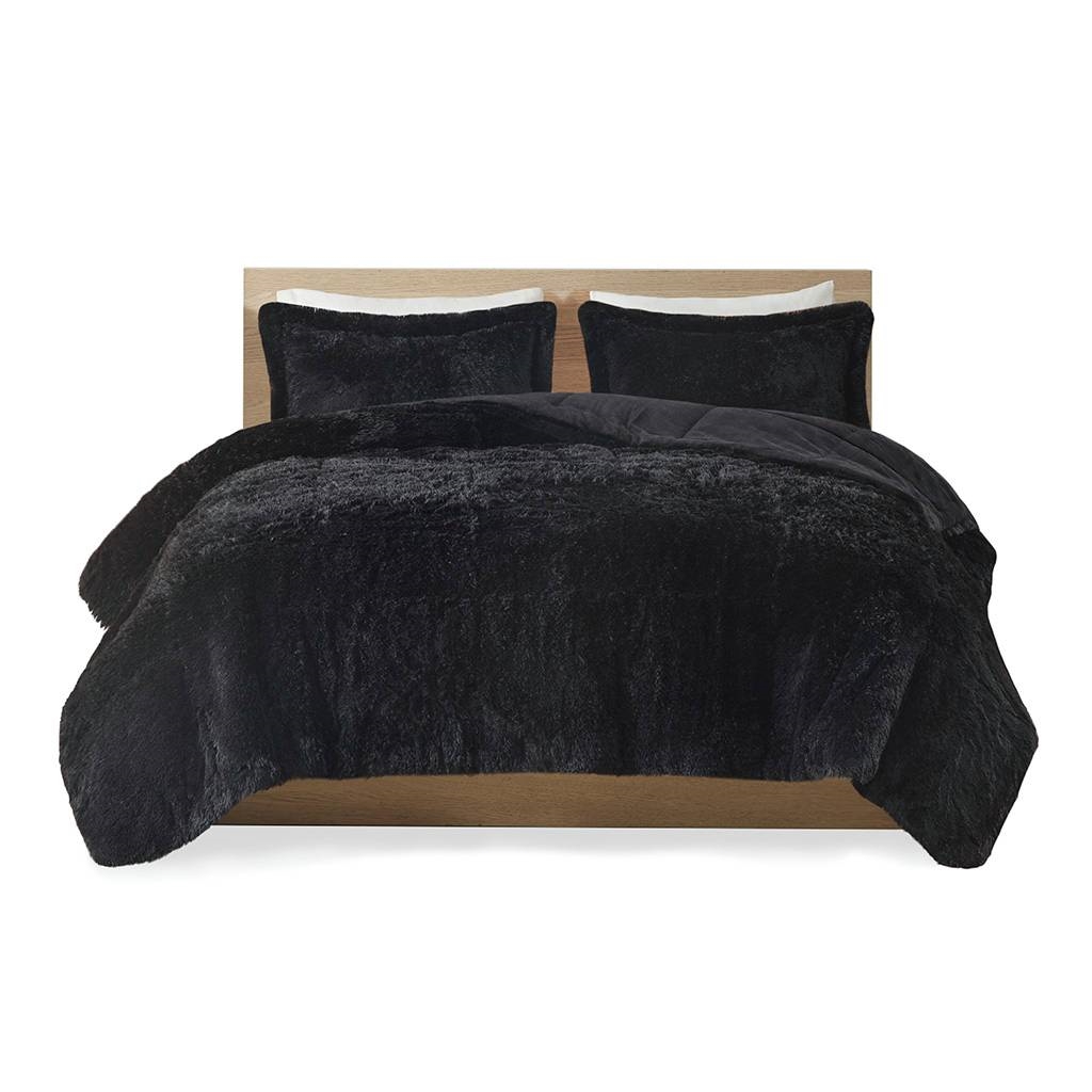 FaFurn 3-Piece Full/Queen Size Comforter Set with Pillow Shams - Black, Soft Sherpa Faux Fur