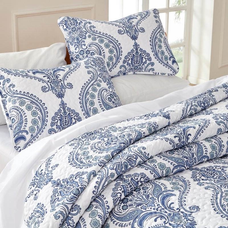 FaFurn - Full/Queen Size Reversible Quilt Set in Blue/White, Microfiber