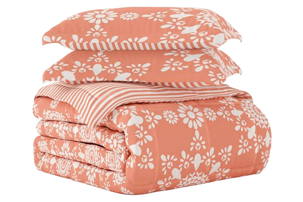 FaFurn Full/Queen Size 3-Piece Striped Floral Reversible Comforter Set - Clay/White, Microfiber/Polyester