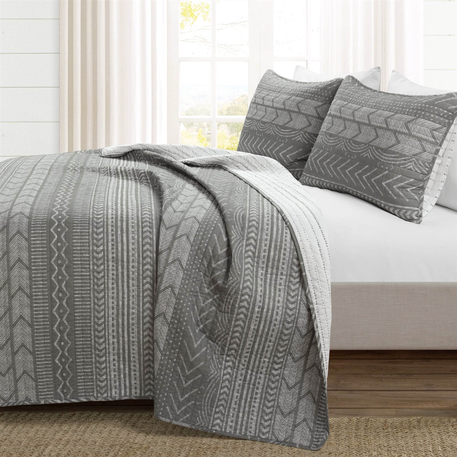 FaFurn Full/Queen Size Scandinavian Reversible Quilt Set - Dark Gray, Cotton