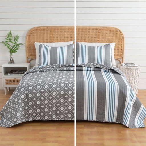 FaFurn 3-Piece Full/Queen Size Quilt Set - Gray/Blue/White