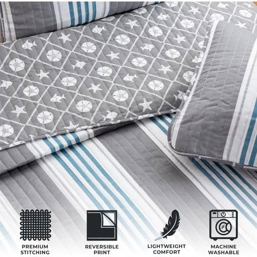 FaFurn 3-Piece Full/Queen Size Quilt Set - Gray/Blue/White