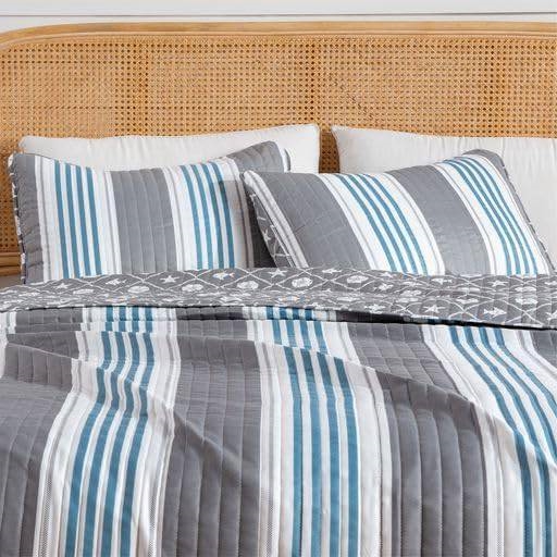 FaFurn 3-Piece Full/Queen Size Quilt Set - Gray/Blue/White