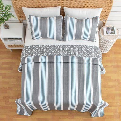 FaFurn 3-Piece Full/Queen Size Quilt Set - Gray/Blue/White