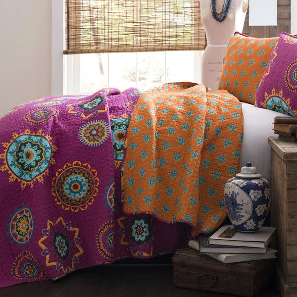 FaFurn - Full/Queen Size Bedspread Set in Pink/Orange/Blue, Cotton